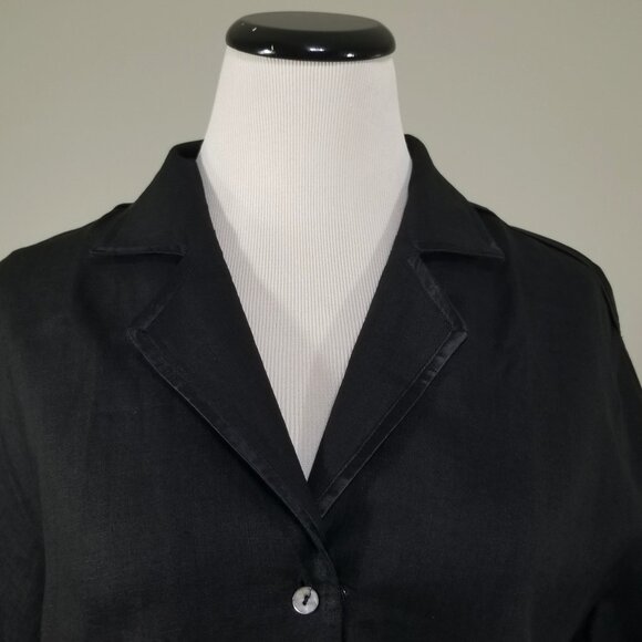 Vintage Bellagio S Black Linen Blouse Short Sleeve Top Western Yoke Satin Trim - Picture 3 of 9